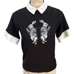 🐇 Victoria Beckham for Target Black & White Kids Blouse Alice Wonderland Rabbit